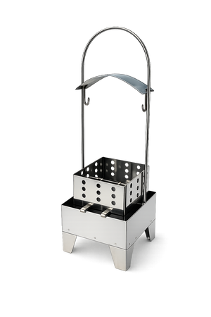 Stainless steel hookah charcoal heater with vented sides and arched handle on grey background.