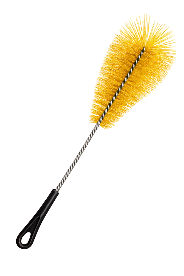 Yellow shisha cleaning brush with twisted metal handle and black plastic grip