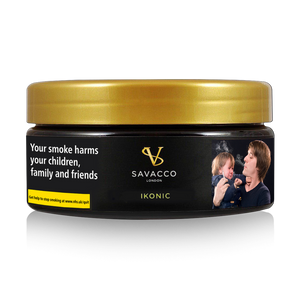 Black and gold Savacco Ikonic shisha tobacco tin with health warning and image of man smoking near upset child.