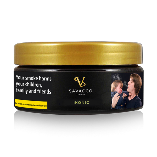 Black and gold Savacco Ikonic shisha tobacco tin with health warning and image of man smoking near upset child.