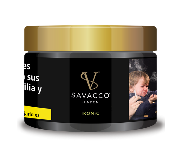 Black and gold Ikonic London shisha tobacco jar with Savacco logo and health warning image.