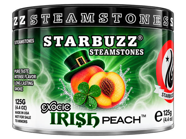 Starbuzz Steamstones Exotic Irish Peach 125g tin. The product packaging features a vibrant green label with a black top and bottom rim, showcasing a graphic of a peach wearing a green top hat and clover, alongside a red and white Starbuzz logo seal.