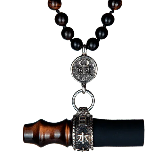 Brown and black beaded hookah mouthpiece with silver samurai medallion and engraved ring