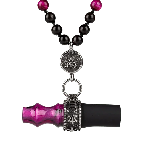 Purple and black personal hookah mouthpiece with samurai bead necklace and metallic accents