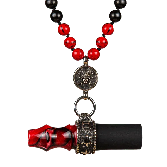 Red and black beaded personal hookah mouthpiece with Samurai-themed accents