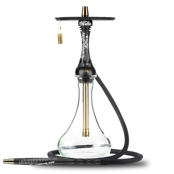 Jet black hookah with glass base and gold accents, modern shisha pipe design