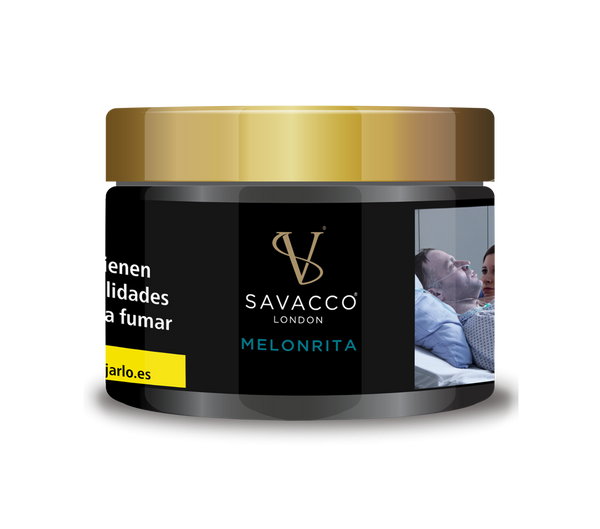 Savacco Melonrita shisha tobacco 50g jar with black label and gold lid