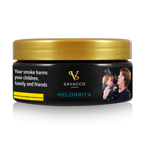 SAVACCO Melonrita shisha tobacco tin with gold lid, health warning, and child image