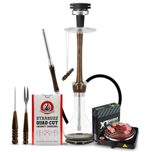 Complete shisha set with wood stem, glass base, hose, charcoal, and coal burner