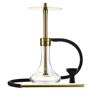 MS Magma Titan hookah with gold aluminum stem, clear glass base, black silicone hose, and black bowl on white background