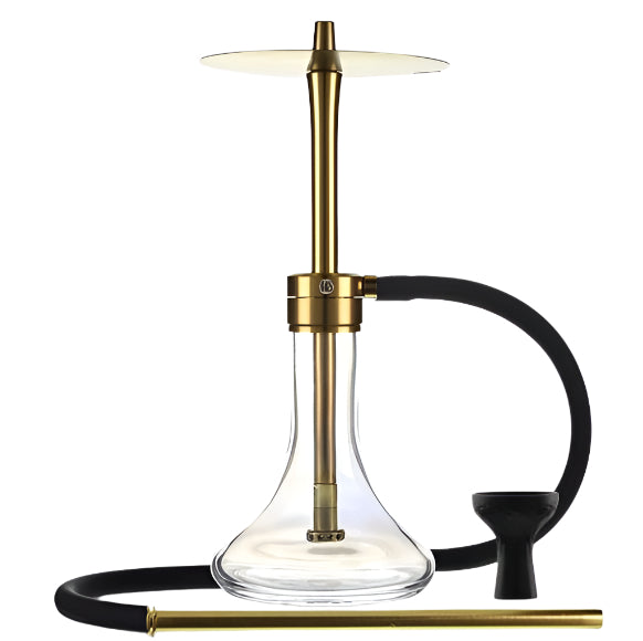 MS Magma Titan hookah with gold aluminum stem, clear glass base, black silicone hose, and black bowl on white background