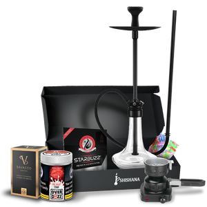 MS Magma Titan Black Signature Shisha Bundle with glass base, diffuser, silicone hose, bowl, and 200g Overdozz One Night Stand flavour.