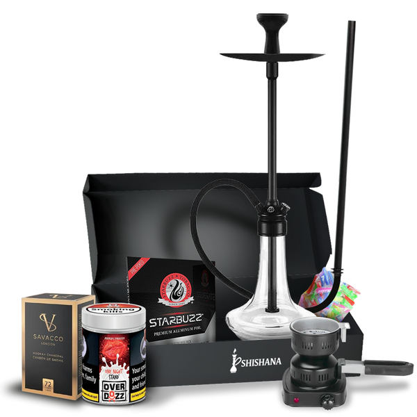 MS Magma Titan Black Signature Shisha Bundle with glass base, diffuser, silicone hose, bowl, and 200g Overdozz One Night Stand flavour.