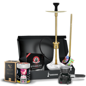 MS Magma Titan Gold Signature Shisha Bundle with glass base, diffuser, silicone hose, Kaloud-compatible bowl, and 200g Overdozz Love Bug flavour.
