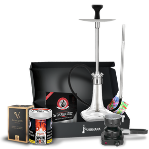 MS Magma Titan Silver Signature Shisha Bundle with glass base, diffuser, silicone hose, bowl, and 200g Overdozz 1st Love flavour.