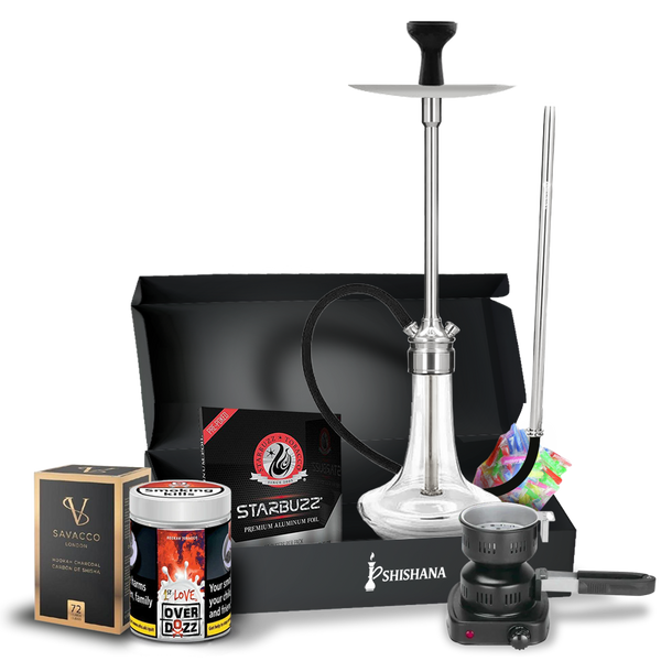 MS Magma Titan Silver Signature Shisha Bundle with glass base, diffuser, silicone hose, bowl, and 200g Overdozz 1st Love flavour.