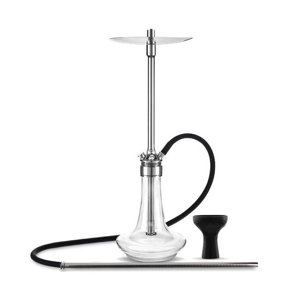 MS Magma Titan hookah with silver aluminum stem, clear glass base, black silicone hose, and matching silver mouthpiece on white background