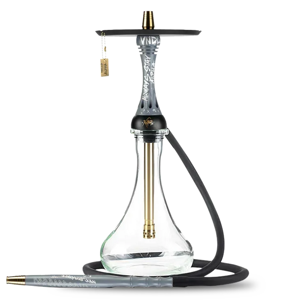 Nardo gray shisha pipe with clear glass base and black silicone hose