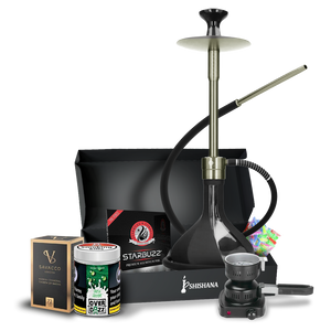 El-Badia Octagon Gun Metal Signature Shisha Bundle with octagonal vase, diffuser, silicone hose, Celeste bowl, and 200g Overdozz Fresh Greens flavour.