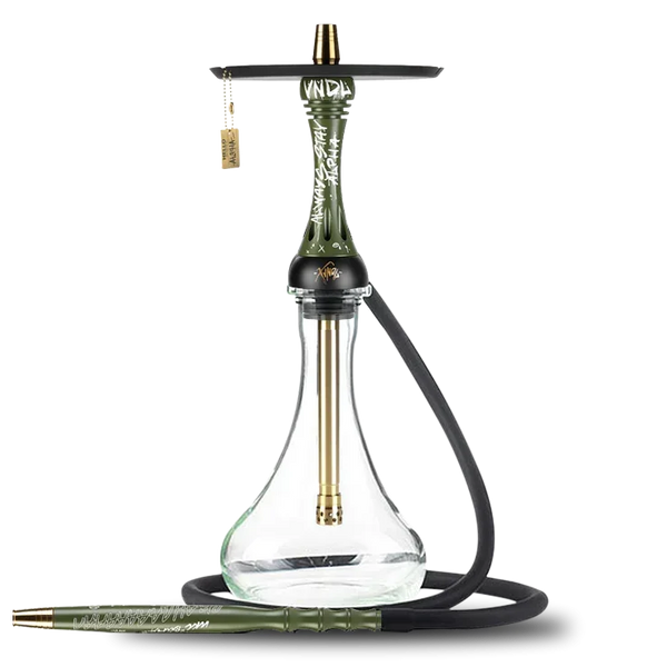 Modern olive green shisha pipe with clear glass base and black hose on white background