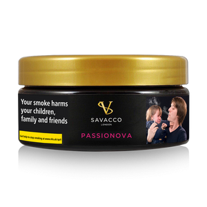 SAVACCO Passionova shisha tobacco tin with warning label and gold lid