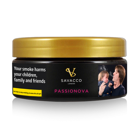 SAVACCO Passionova shisha tobacco tin with warning label and gold lid