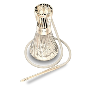 Elegant modern hookah with clear ribbed glass base, gold accents, and attached hose