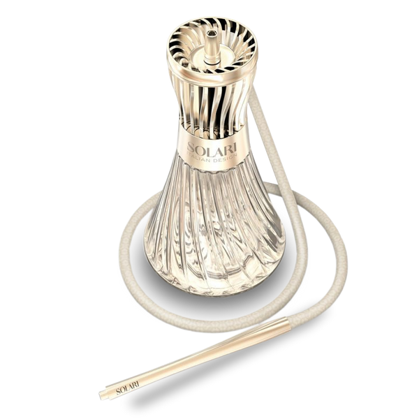 Elegant modern hookah with clear ribbed glass base, gold accents, and attached hose