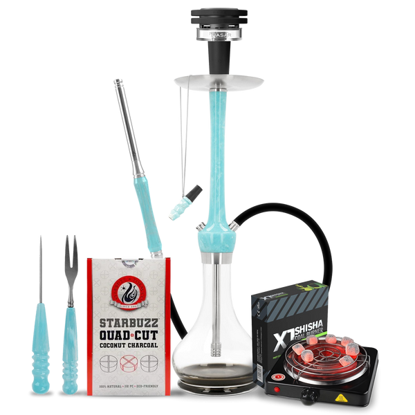 Complete blue hookah set with glass base, tools, coconut charcoal, and electric coal burner.