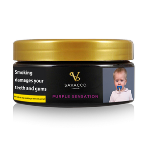 SAVACCO Purple Sensation shisha tobacco tin with warning label and gold lid