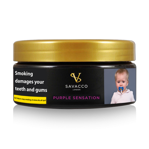SAVACCO Purple Sensation shisha tobacco tin with warning label and gold lid