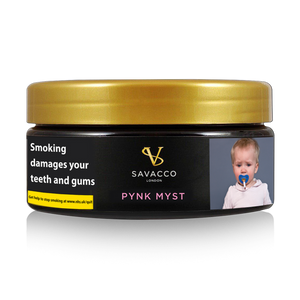 Savacco Pynk Myst shisha tobacco tin with health warning and gold lid
