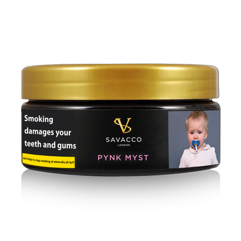 Savacco Pynk Myst shisha tobacco tin with health warning and gold lid