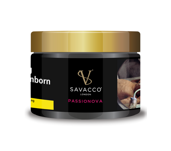 Savacco Passionova 50g shisha tobacco jar with gold lid and black label