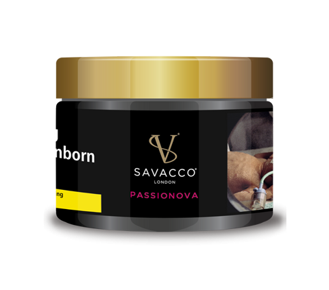 Savacco Passionova 50g black jar with gold lid, shisha tobacco packaging close-up