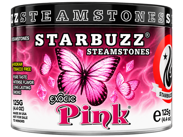 A tin of Starbuzz Steamstones Exotic Pink, featuring a vibrant pink and magenta label with butterfly graphics and diamond illustrations, on a white background.