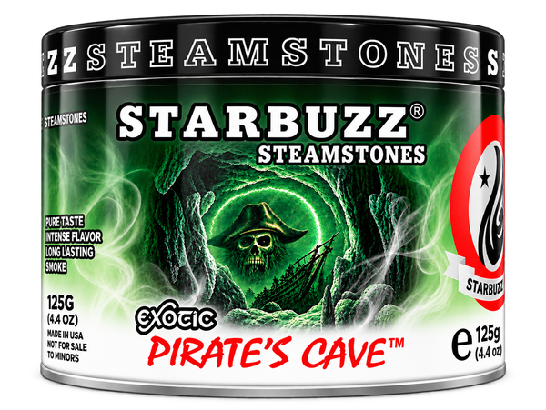 A canister of Starbuzz Steamstones in the Pirate's Cave flavor, featuring a green pirate skull illustration on a black and silver label with red and white text.
