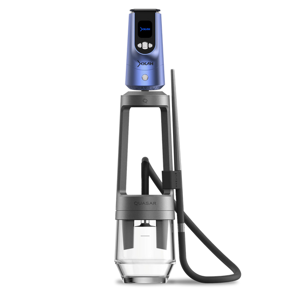 Modern electronic hookah with glass base, metal frame, digital display, and silicone hose