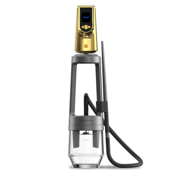 Modern gold and black electronic hookah with glass base and silicone hose