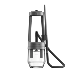 Modern Quasar hookah with matte black finish, transparent glass base, and black silicone hose