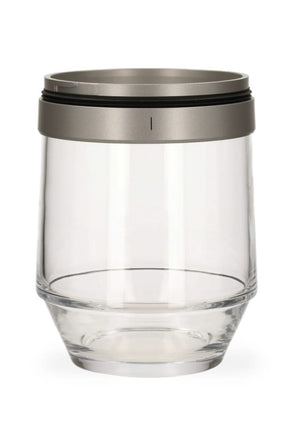 Clear glass hookah base with metallic silver rim on a white background