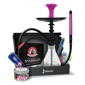 STARBUZZ SB MINI PINK ESSENTIAL SHISHA SET with pink bowl, glass base, silicone hose, charcoal, foil, mouth tips, and 100g Pink shisha tobacco.