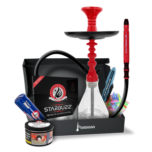 STARBUZZ SB MINI GEISHA ESSENTIAL SHISHA SET with red bowl, glass base, silicone hose, charcoal, foil, mouth tips, and 100g Geisha Bold shisha tobacco.