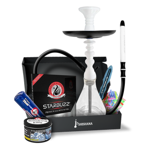 STARBUZZ SB MINI MIGHTY FREEZE ESSENTIAL SHISHA SET with white accents, glass base, silicone hose, bowl, charcoal, foil, mouth tips, and 100g Mighty Freeze shisha tobacco.