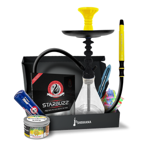 STARBUZZ SB MINI PINEANA ESSENTIAL SHISHA SET with yellow bowl, glass base, silicone hose, charcoal, foil, mouth tips, and 100g Pineapple shisha tobacco.