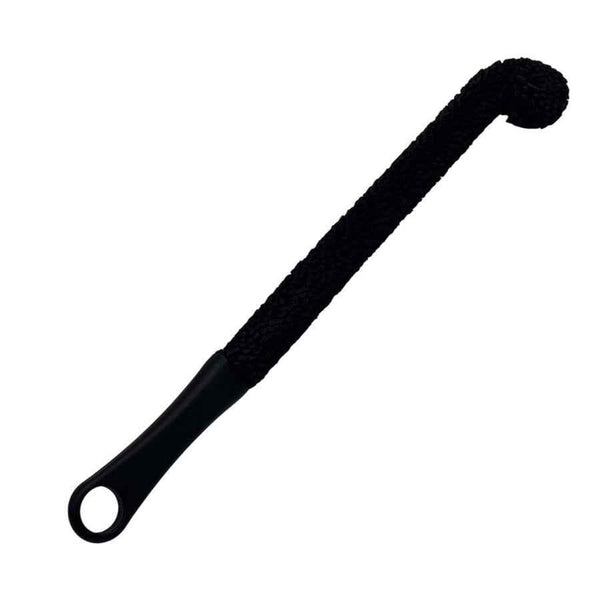 Black shisha cleaning brush with textured bristles and a looped handle on white background
