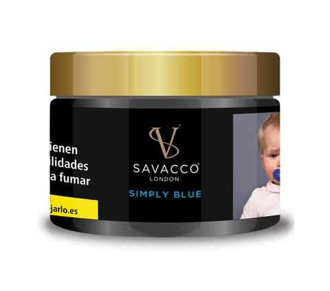 Savacco Simply Blue shisha tobacco jar with gold lid and blue label