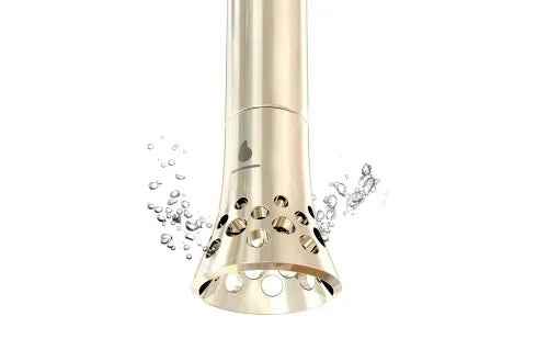 Gold hookah stem underwater with bubbles, modern shisha pipe accessory close-up