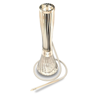 Modern luxury hookah with ribbed glass base and gold accents, isolated on white background