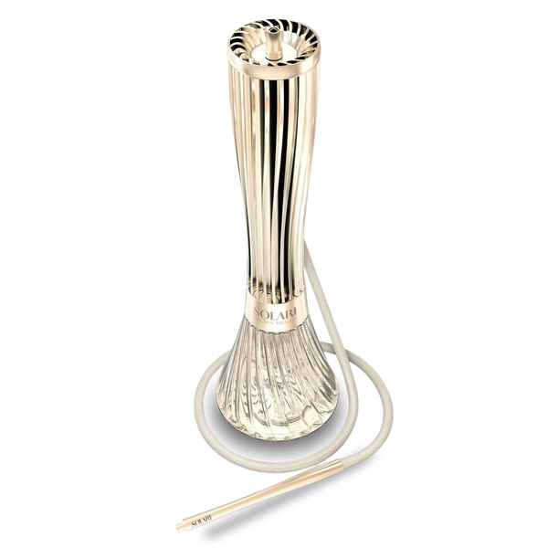 Modern luxury hookah with ribbed glass base and gold accents, isolated on white background